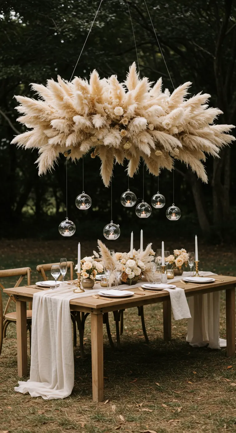 Installation florale de pampa suspendue au-dessus d'une table de mariage en plein air.