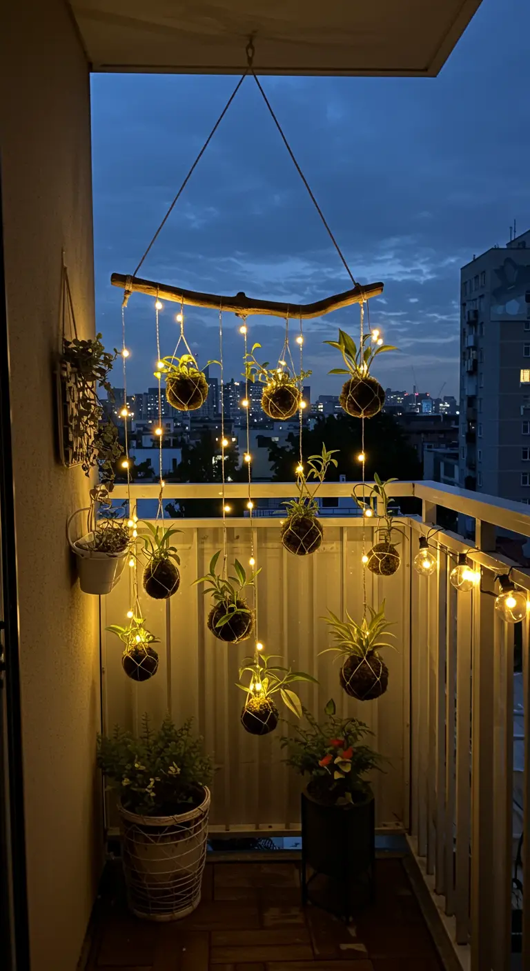 Balcon de nuit avec des kokedamas suspendus et des guirlandes lumineuses.