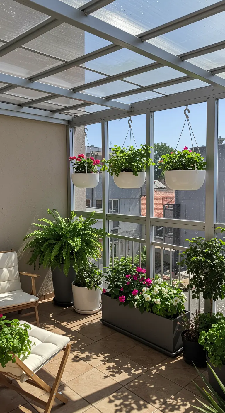 Balcon couvert avec des paniers suspendus blancs remplis de fleurs roses et blanches.