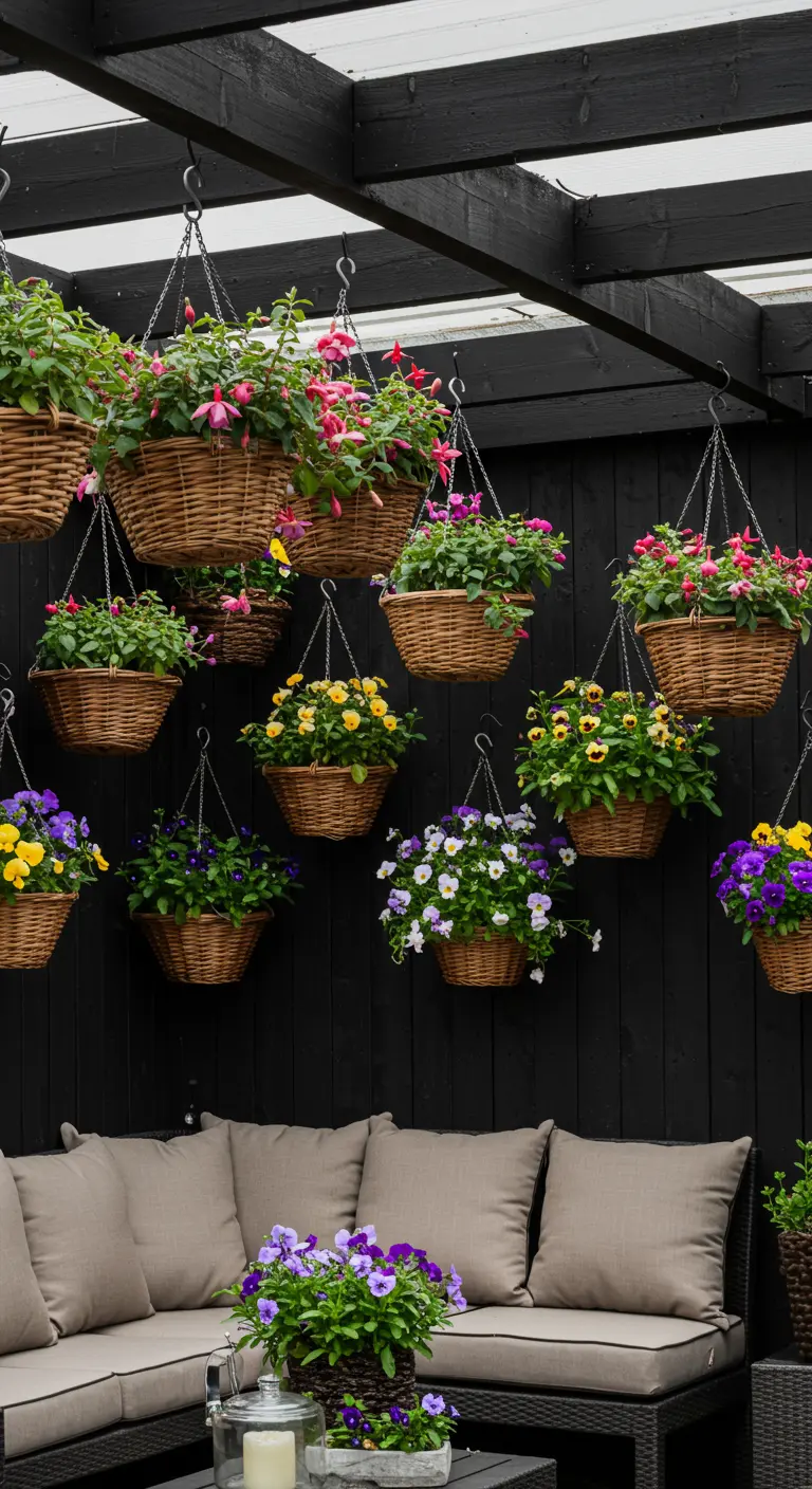 Paniers suspendus fleuris de pensées colorées contre un mur en bois noir.