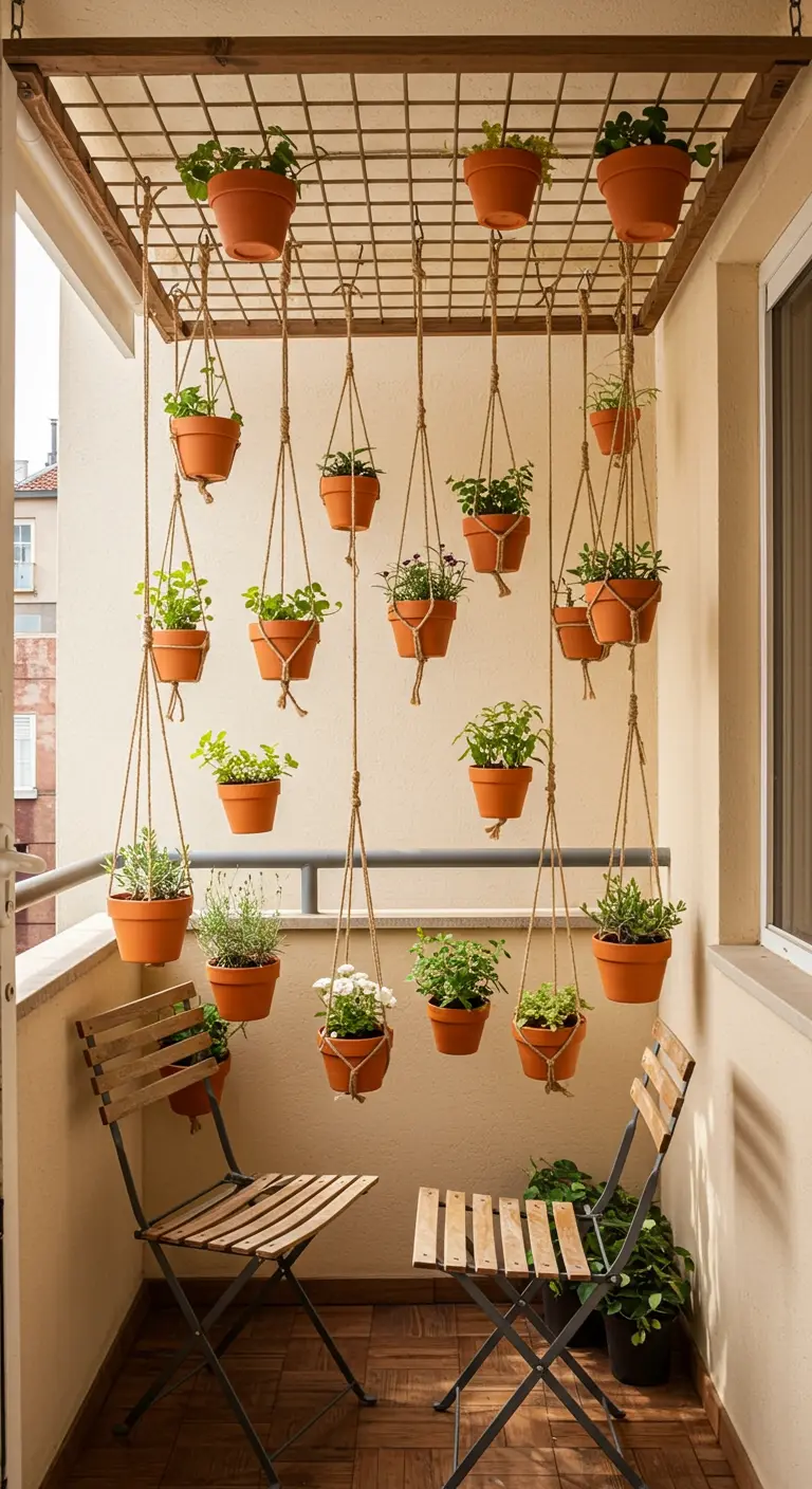 Grille métallique suspendue au plafond d'un balcon avec de nombreux pots.