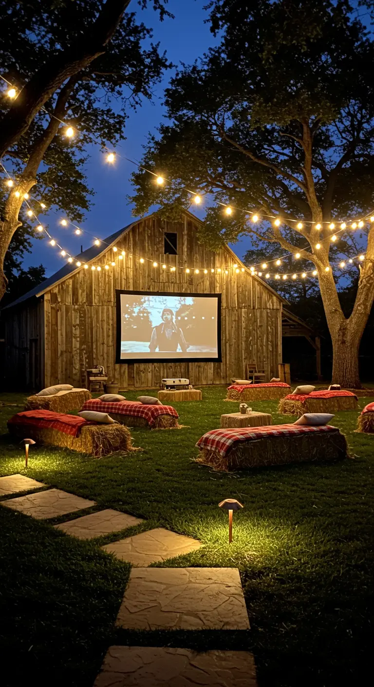 Soirée cinéma en plein air dans un jardin rustique avec grange et guirlandes lumineuses.