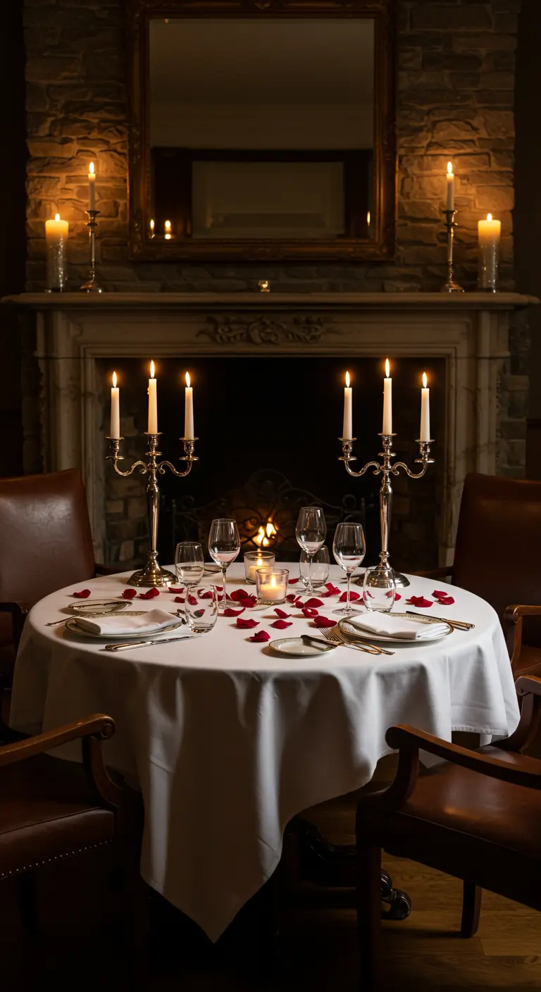 Table ronde romantique avec chandeliers dorés devant une cheminée en pierre.
