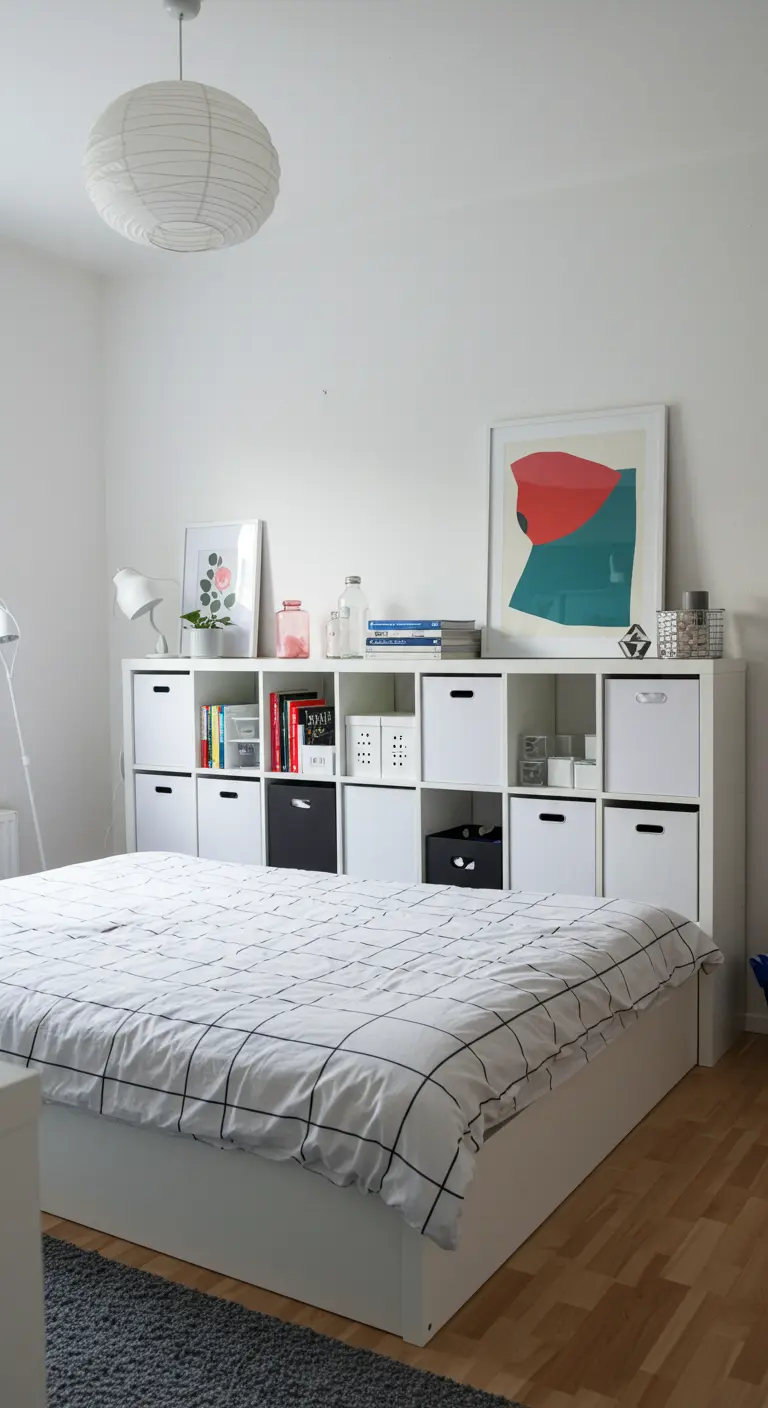 Une étagère à casiers blanche, type IKEA KALLAX, utilisée comme tête de lit et bibliothèque.