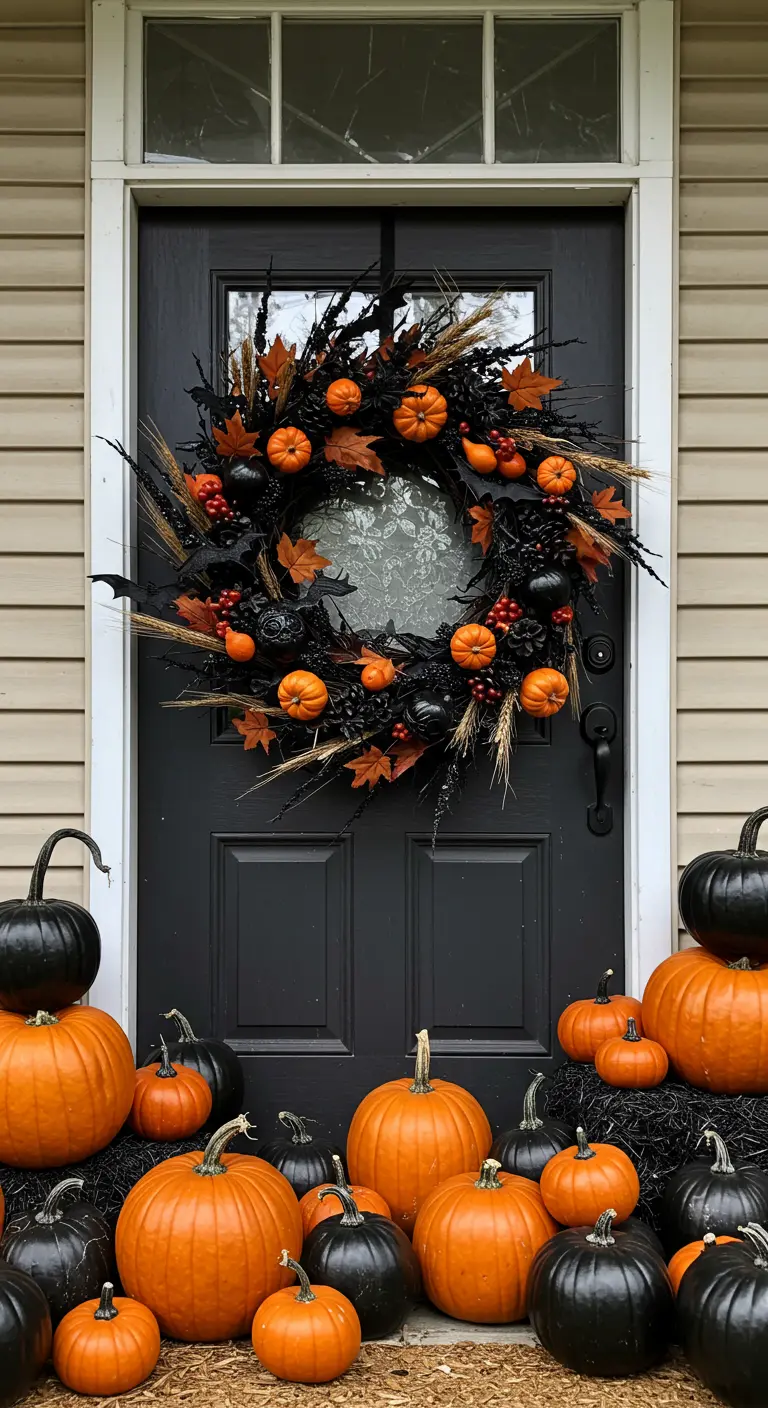 Porte noire avec une couronne orange et noire, entourée de citrouilles assorties.