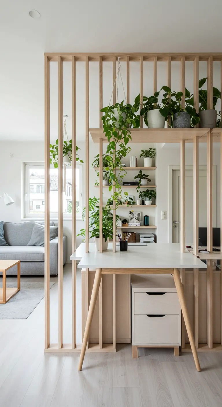 Bureau séparé d'un salon par un claustra en lattes de bois clair avec des plantes.