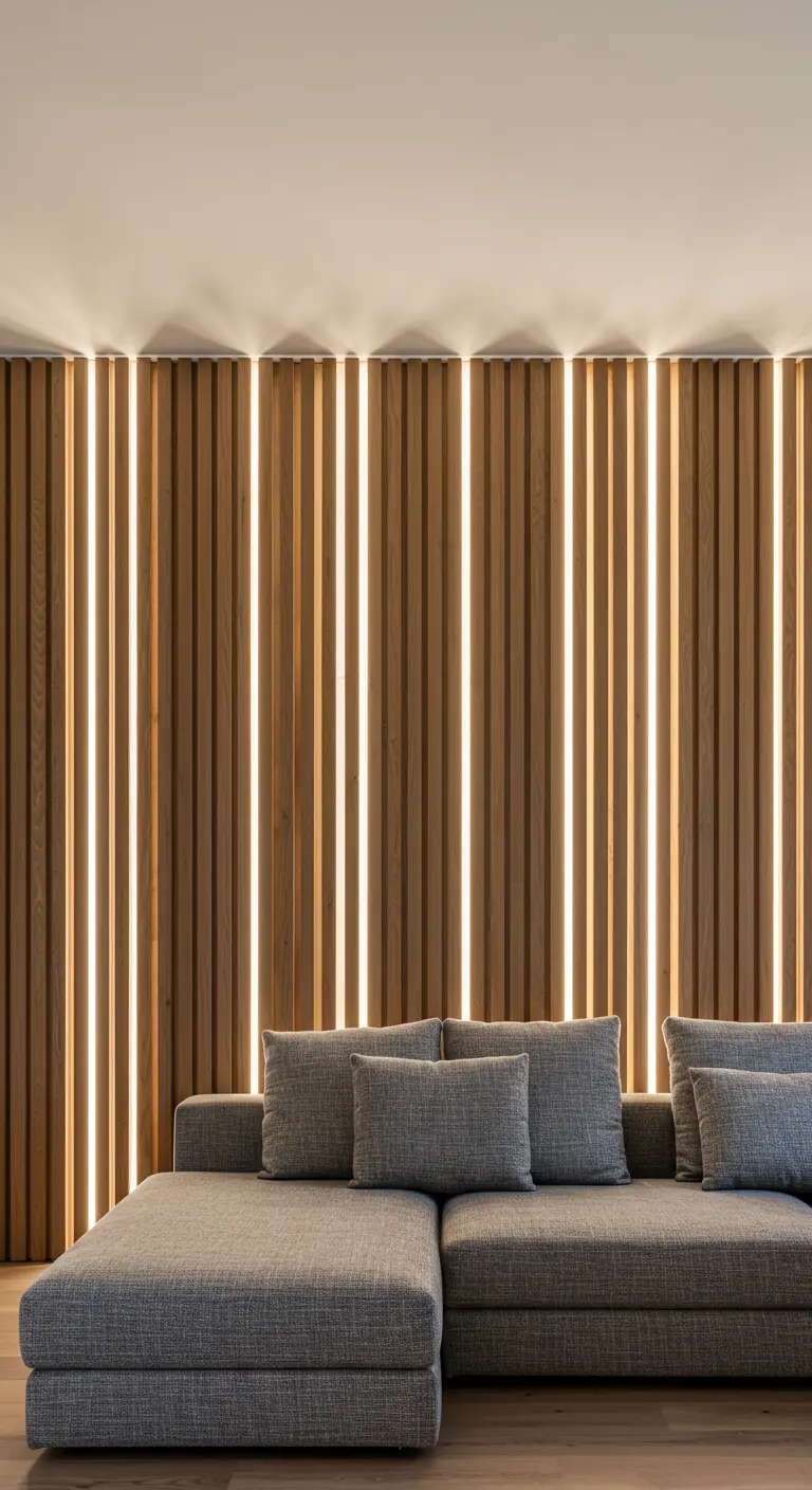 Mur de tasseaux en bois éclairé par des lignes de LED verticales intégrées.