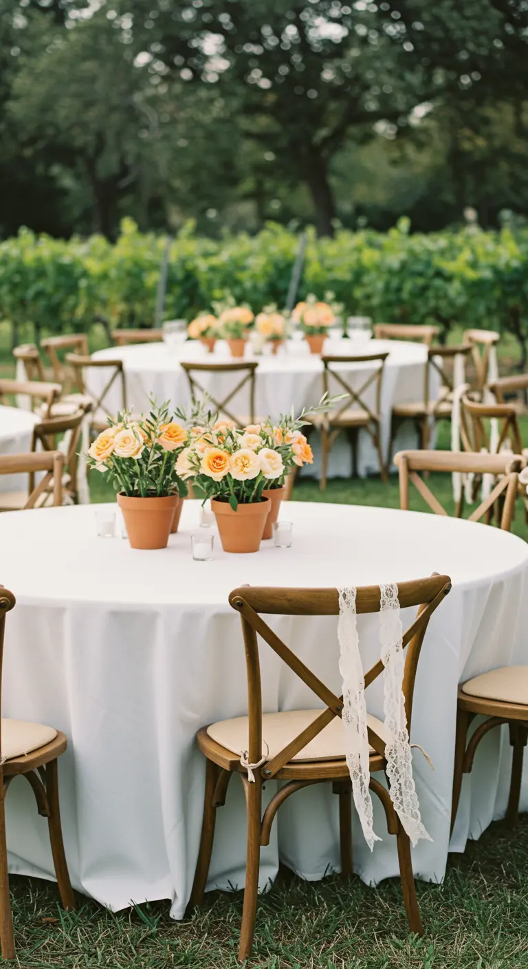 Chaise en bois avec un ruban de dentelle noué, devant une table de mariage.