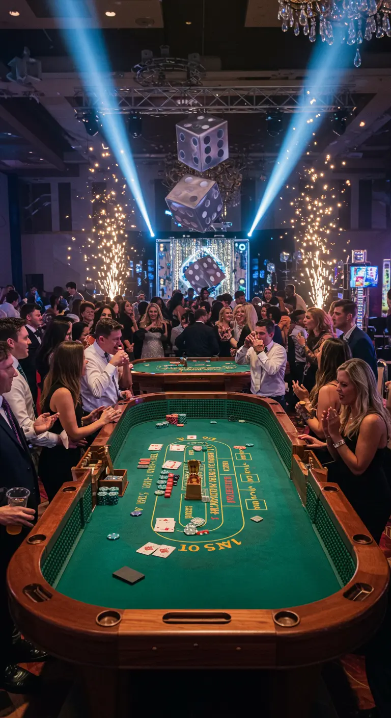 Grande fête de casino avec des invités, des feux de Bengale et des dés géants.
