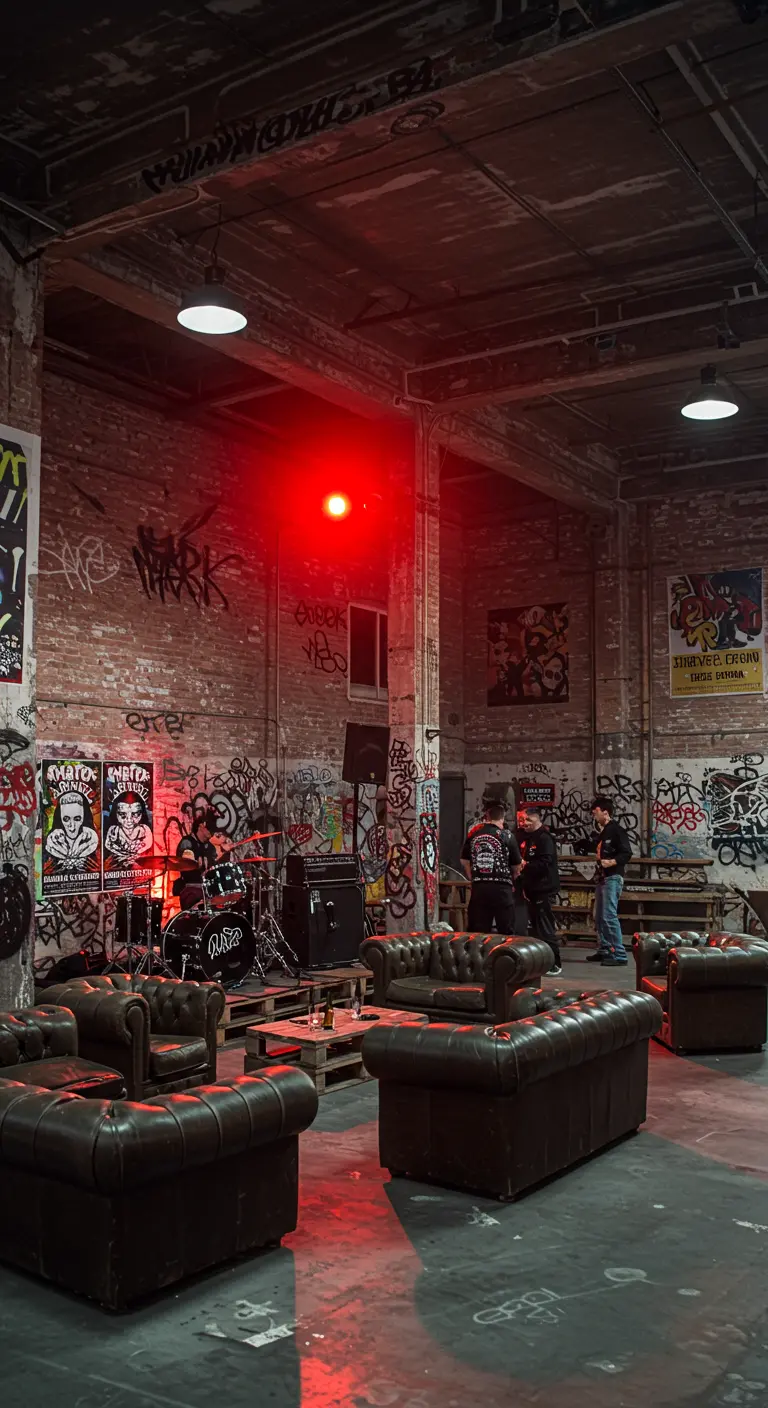 Salle de concert underground avec murs tagués et canapés en cuir.
