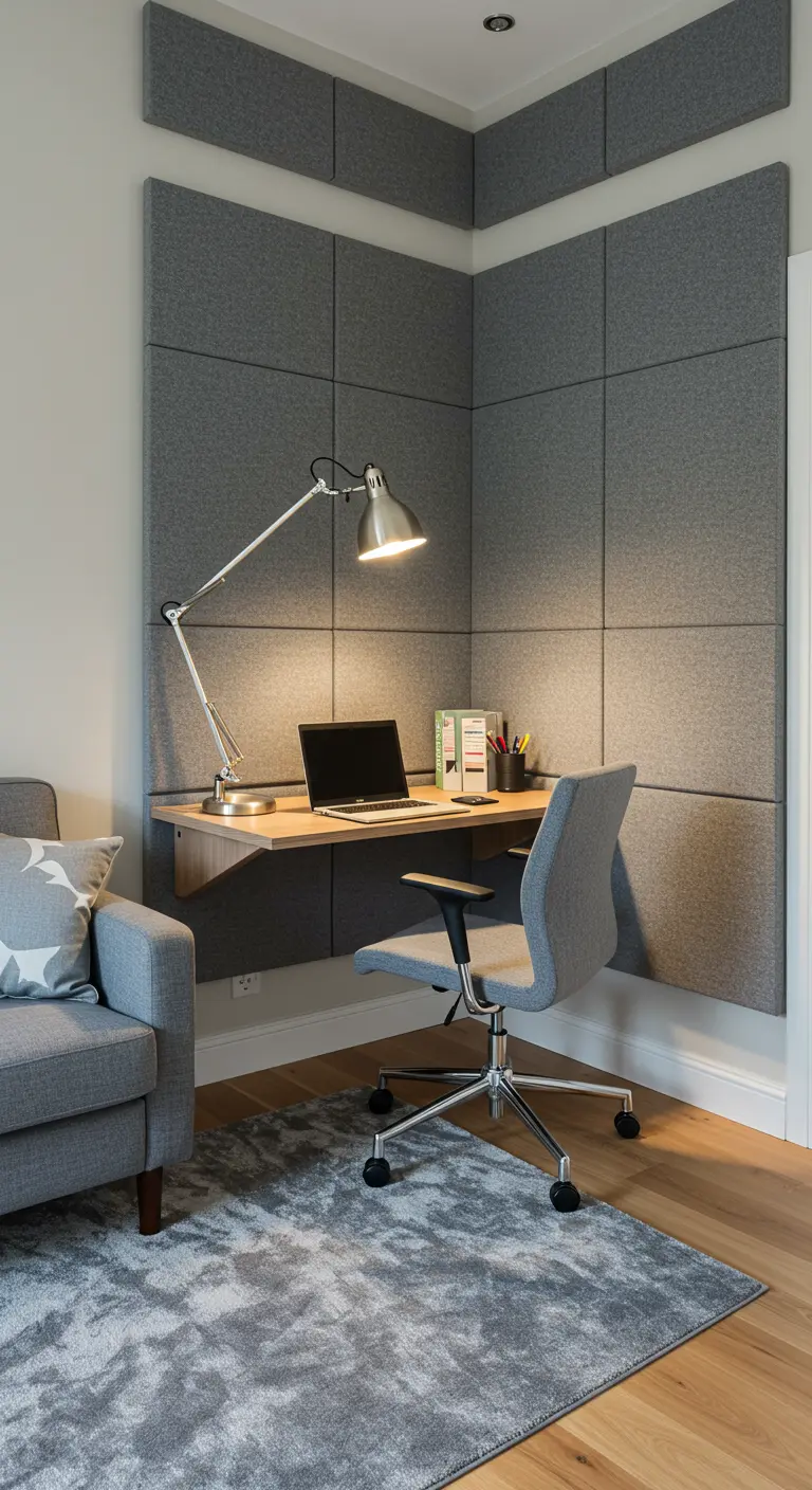 Coin bureau avec des panneaux acoustiques muraux gris et une lampe de bureau articulée.