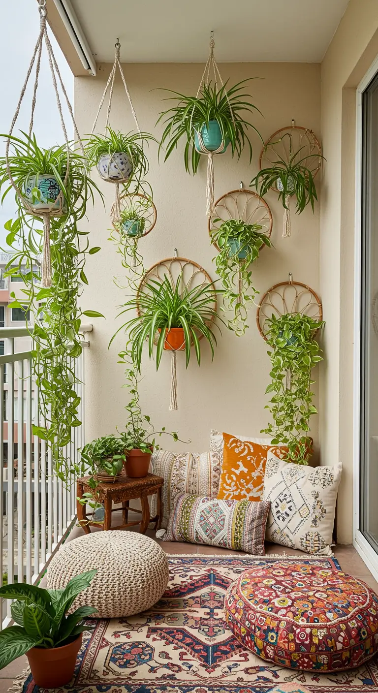 Coin bohème avec tapis, coussins et plantes suspendues en macramé.