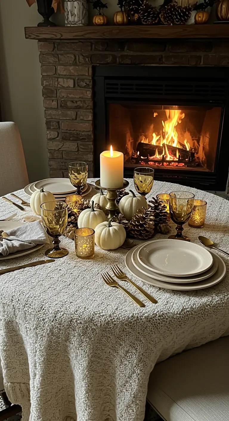 Petite table ronde avec nappe tricotée, citrouilles blanches, pommes de pin, bougie, verres ambrés devant cheminée.