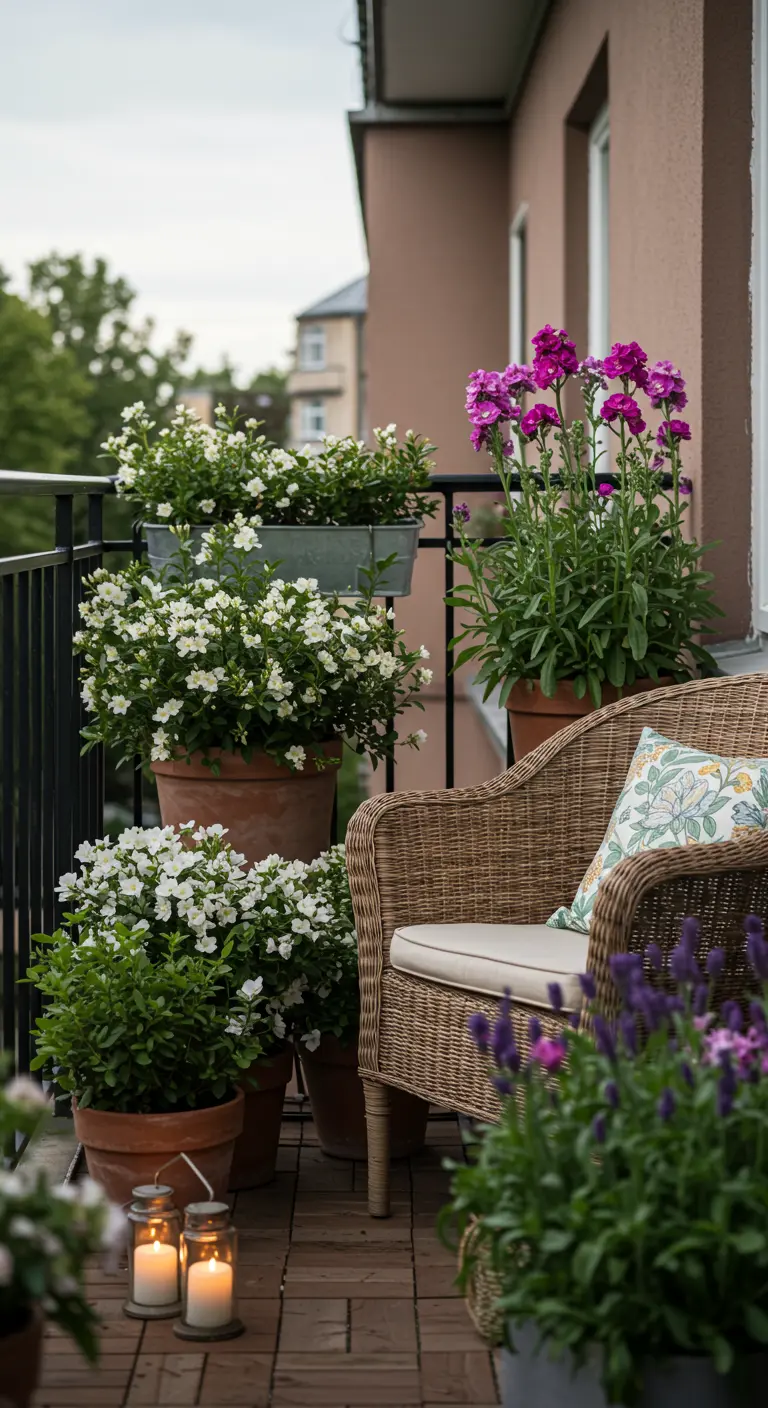 Fauteuil en osier sur un balcon, entouré de pots de fleurs blanches et violettes.