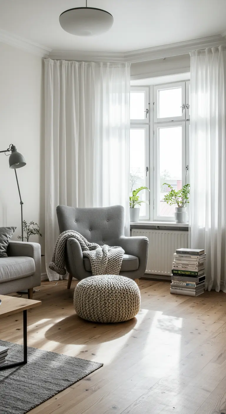 Coin lecture scandinave avec fauteuil gris, pouf tricoté et grande fenêtre.