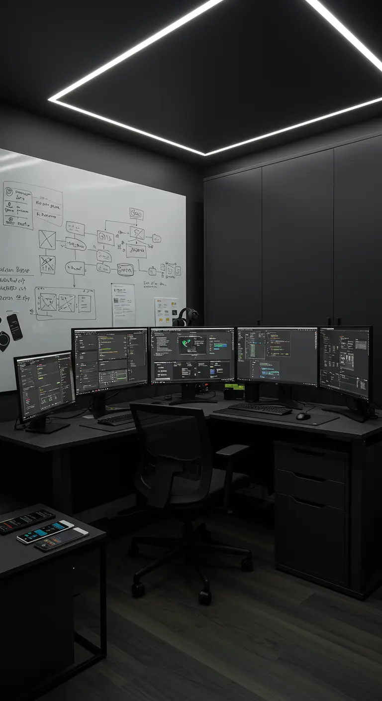 Bureau de développeur sombre avec plusieurs écrans et éclairage LED.