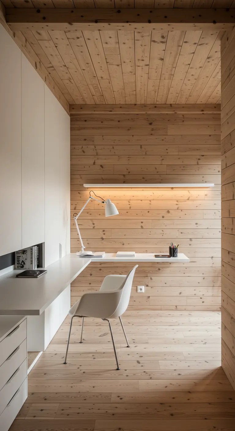 Bureau minimaliste blanc dans une niche entièrement lambrissée de bois clair.