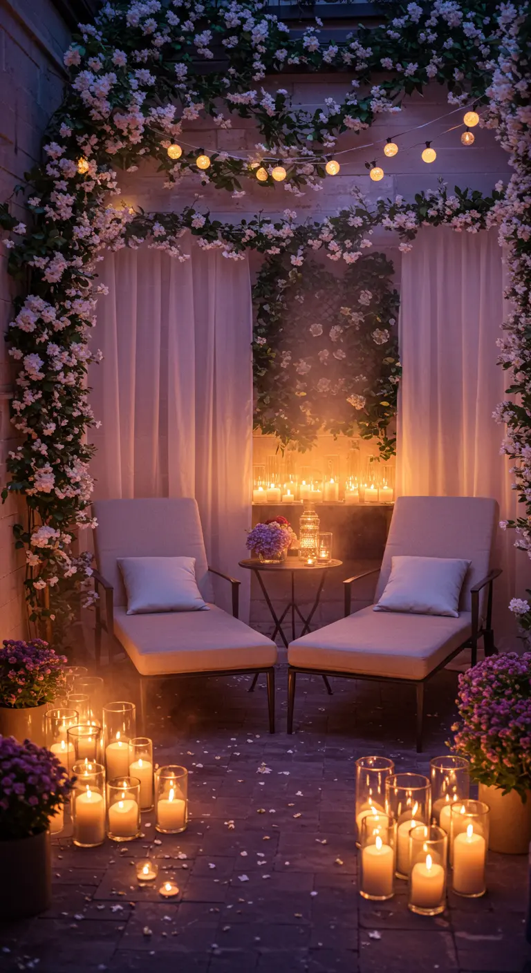 Patio romantique avec arches fleuries, rideaux blancs, nombreuses bougies et deux chaises longues.