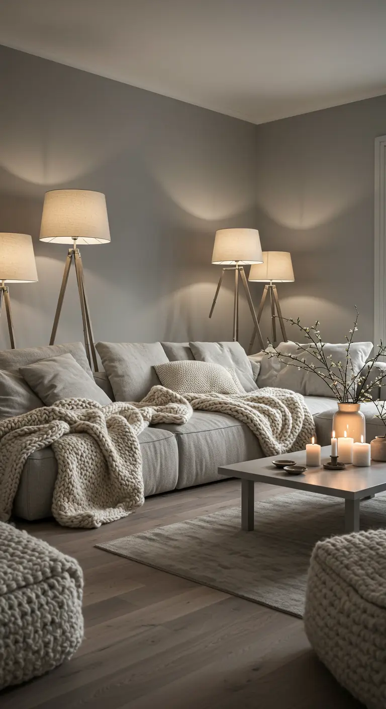 Salon cocooning gris perle avec plaids tricotés, lampadaires trépieds et bougies