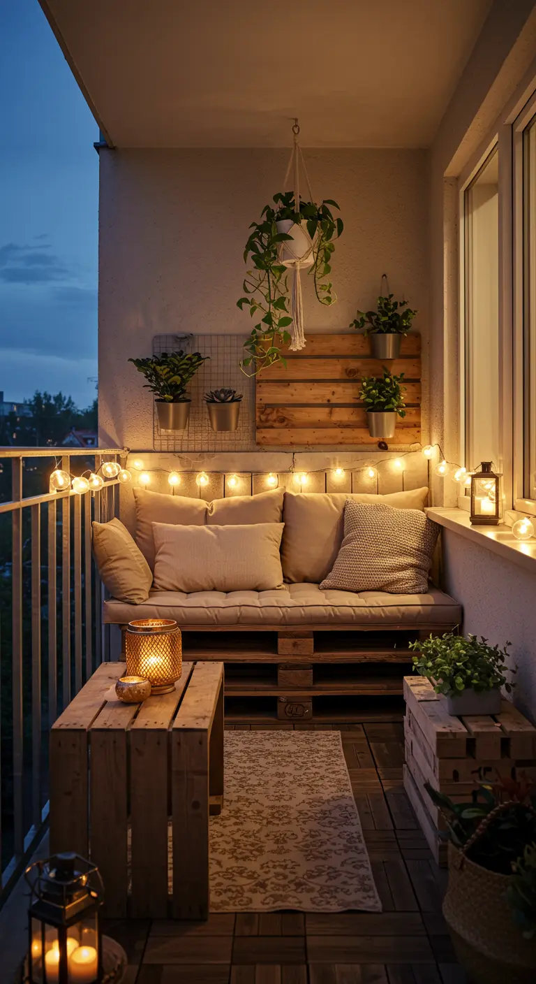Canapé en palettes sur un balcon confortable éclairé par des guirlandes lumineuses.