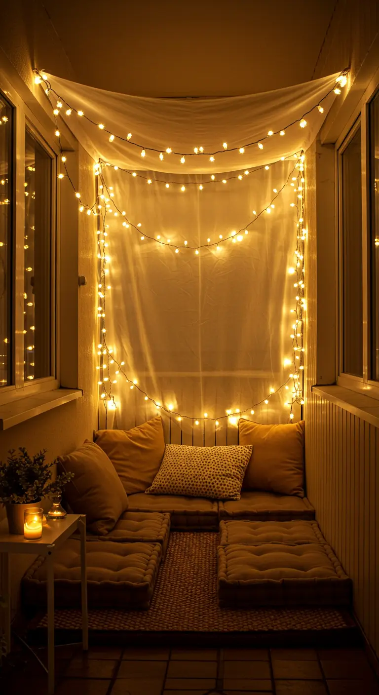 Coin détente sur un balcon avec coussins, tissu drapé et guirlandes lumineuses.