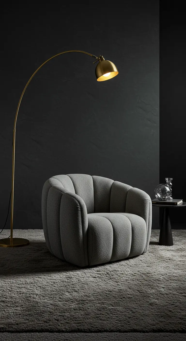 Fauteuil design gris sur tapis moelleux avec un lampadaire arqué en laiton.