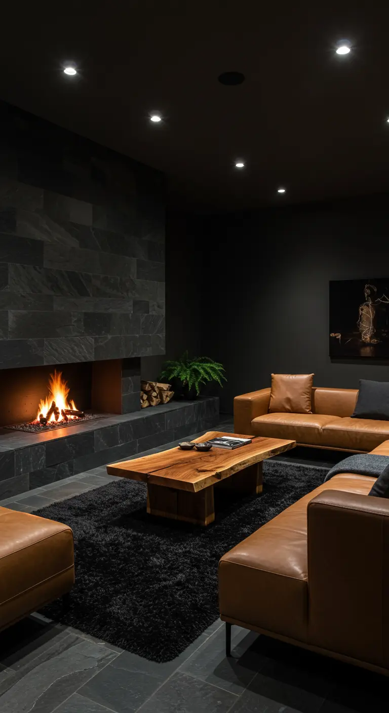 Salon moderne et sombre avec mur de cheminée en ardoise noire et canapés en cuir.