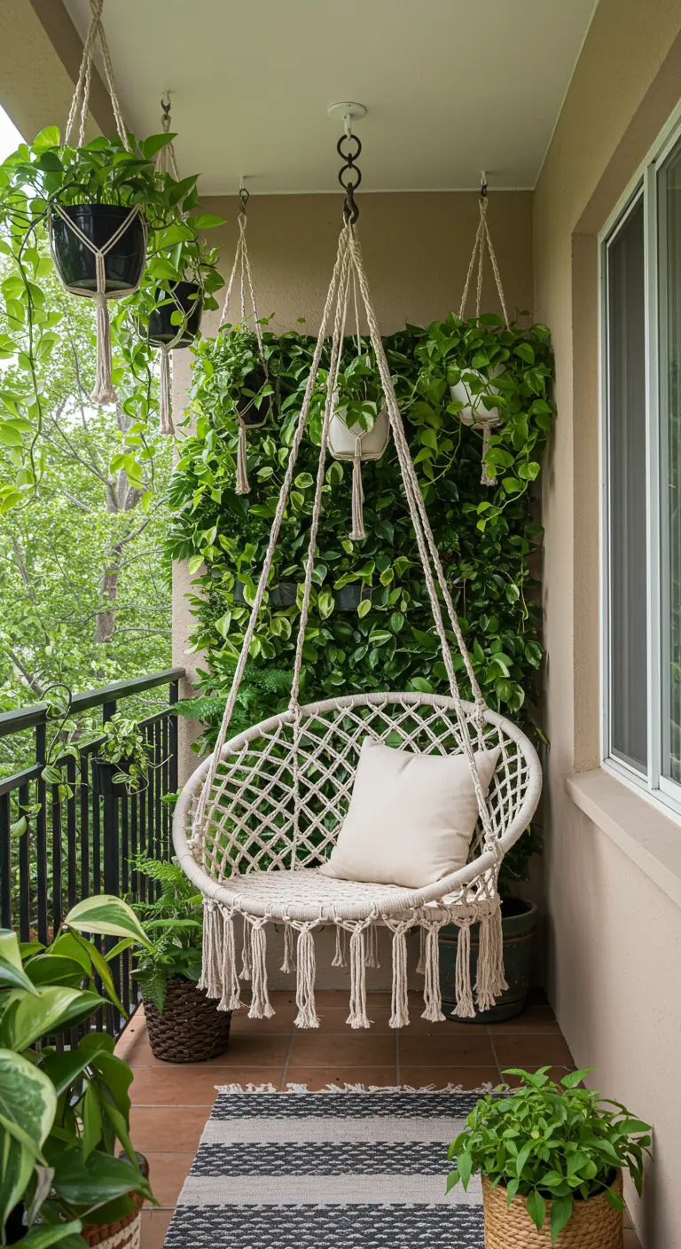 Fauteuil suspendu en macramé sur un balcon, entouré de nombreuses plantes vertes.