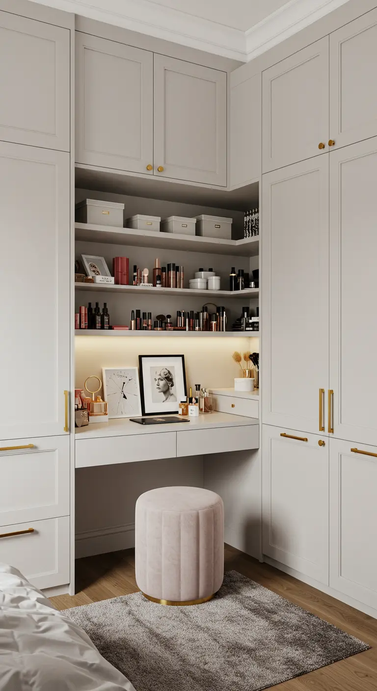 Dressing blanc avec un coin coiffeuse intégré, un miroir éclairé et un pouf rose.