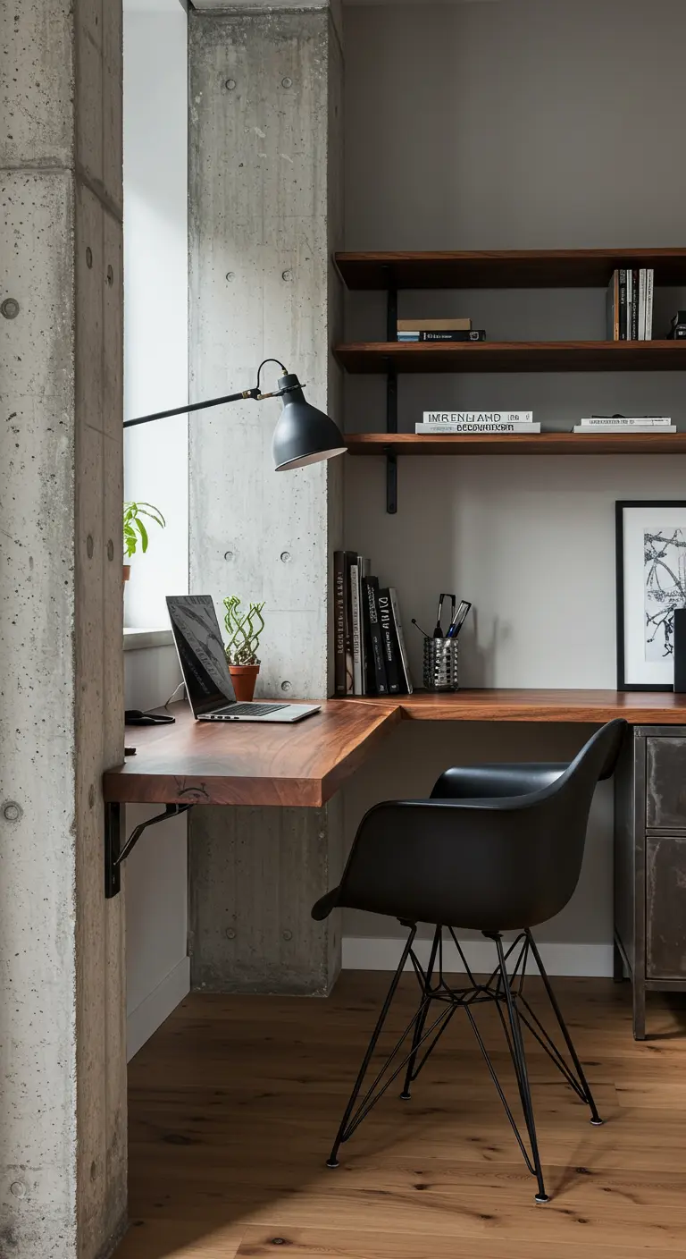 Bureau d'angle en bois fixé à un pilier en béton brut, avec une chaise noire design.