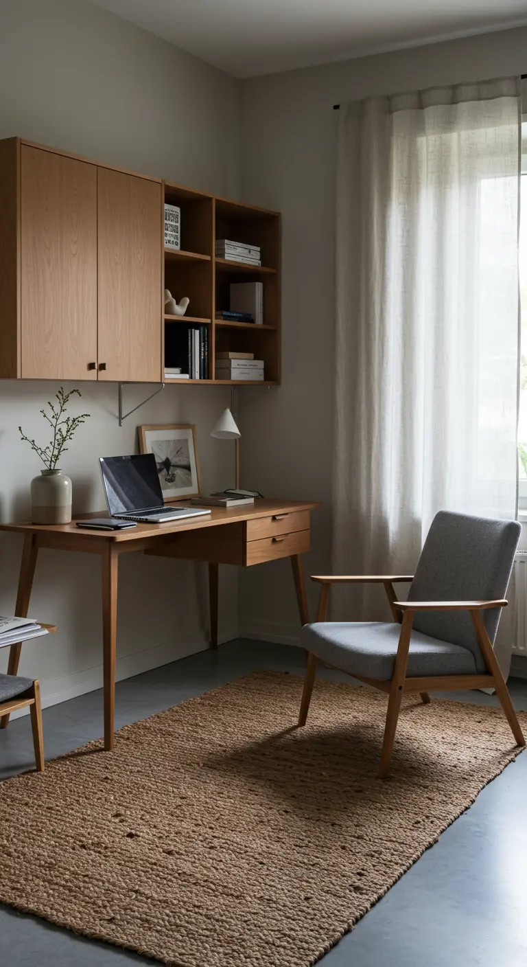 Bureau en bois de style Mid-Century avec fauteuil et tapis en jute.