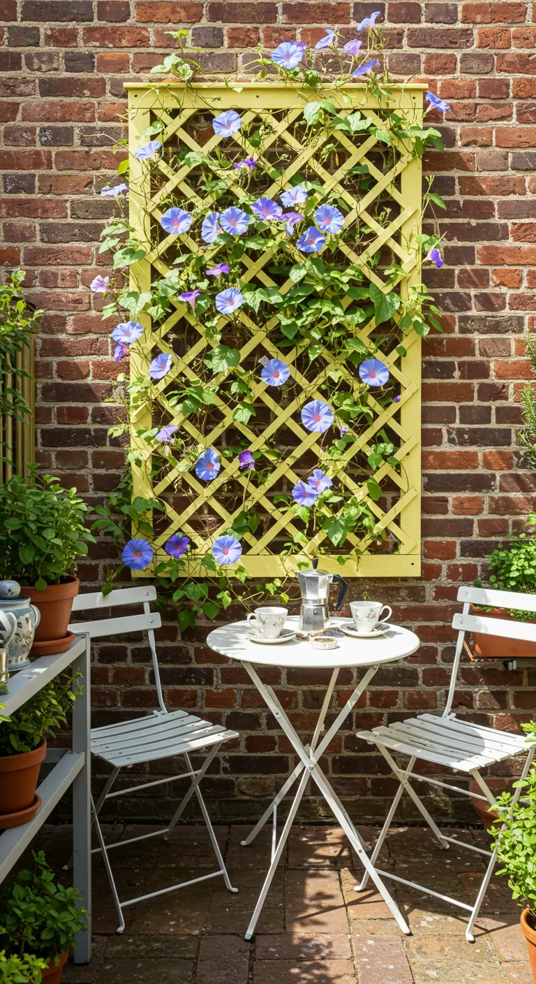Petit patio avec un treillis jaune vif et des ipomées bleues, une table et deux chaises bistro blanches.