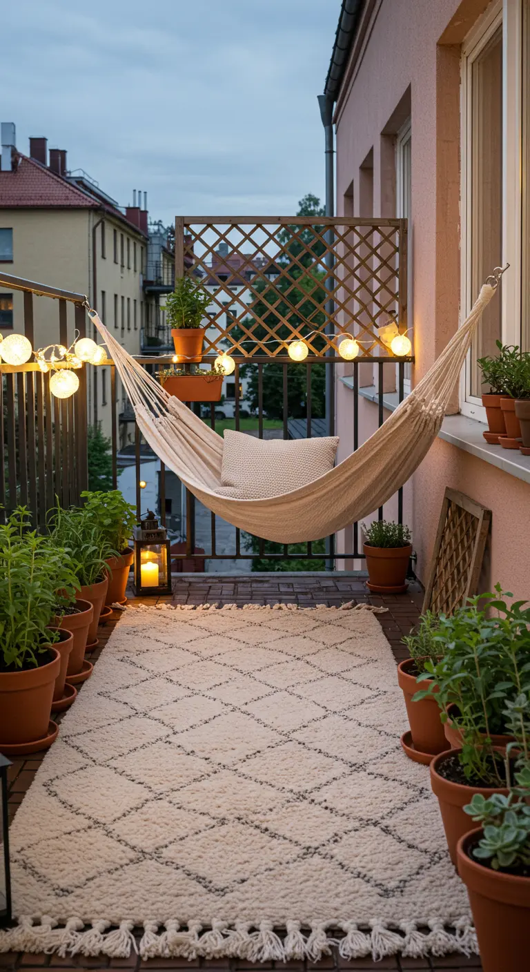 Balcon cosy avec hamac crème, tapis berbère, lanternes et plantes en pots terracotta.