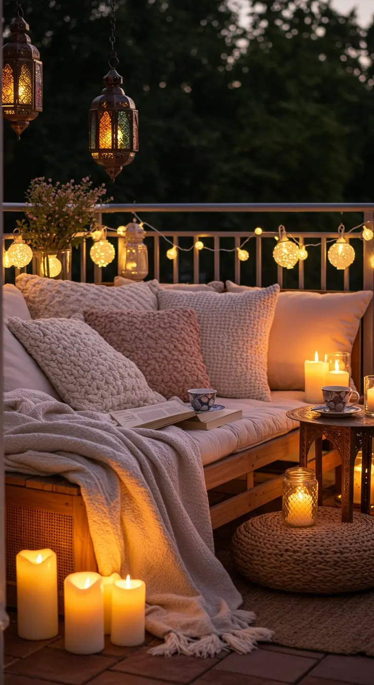 Balcon cosy avec banquette, plaids, coussins moelleux, bougies et guirlandes lumineuses.