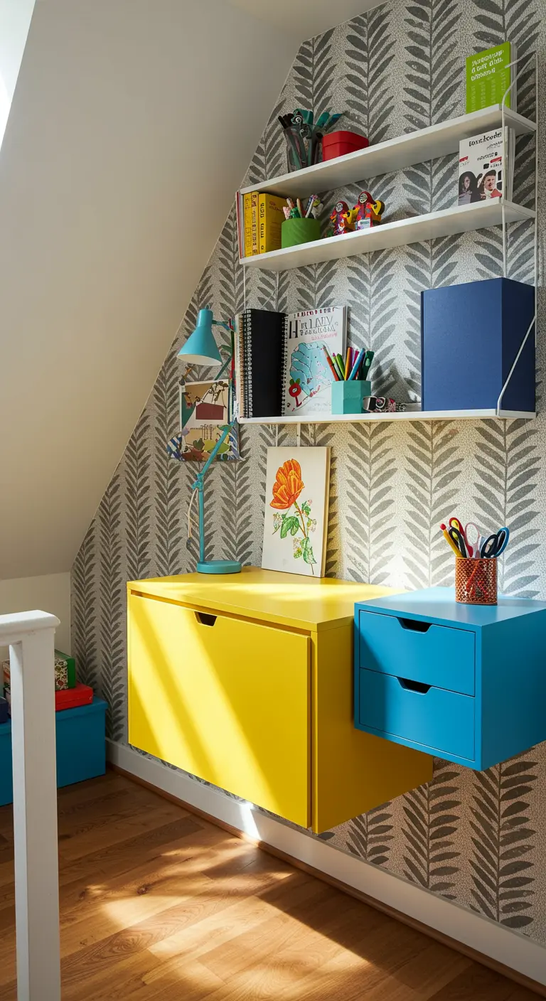 Bureau suspendu pour enfant composé de caissons jaunes et bleus vifs sous une pente.