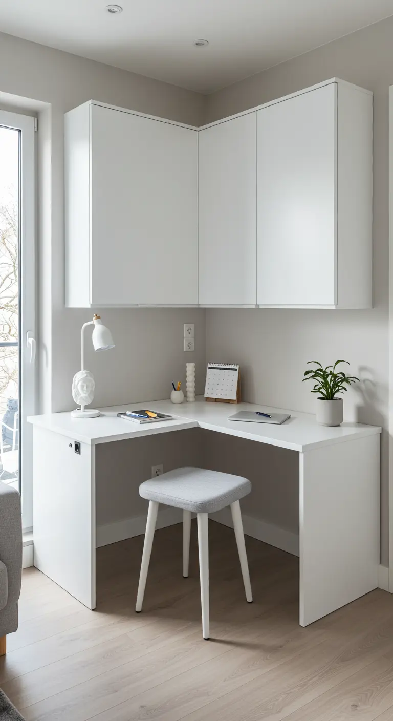 Petit bureau d'angle flottant blanc avec rangement mural et plante