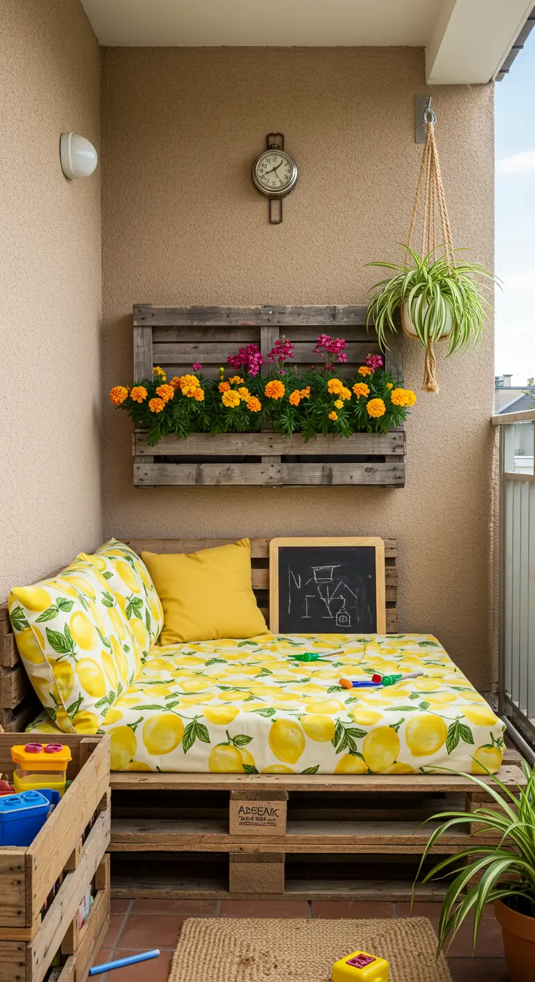 Coin enfant sur un balcon avec un lit en palette, du linge à motif citron et une jardinière.