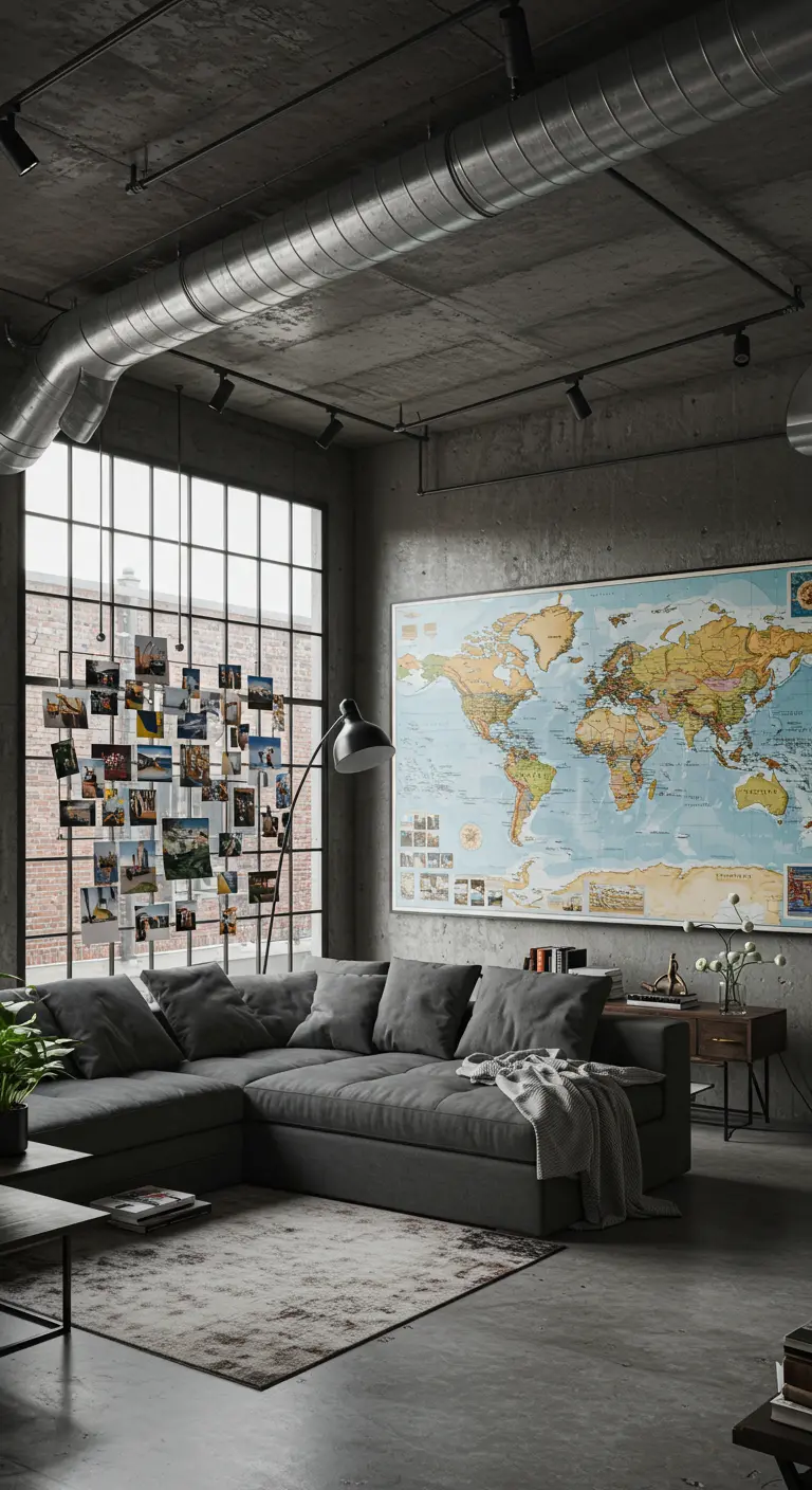 Salon urbain avec une grande carte du monde et une mosaïque de photos de voyage sur une fenêtre.