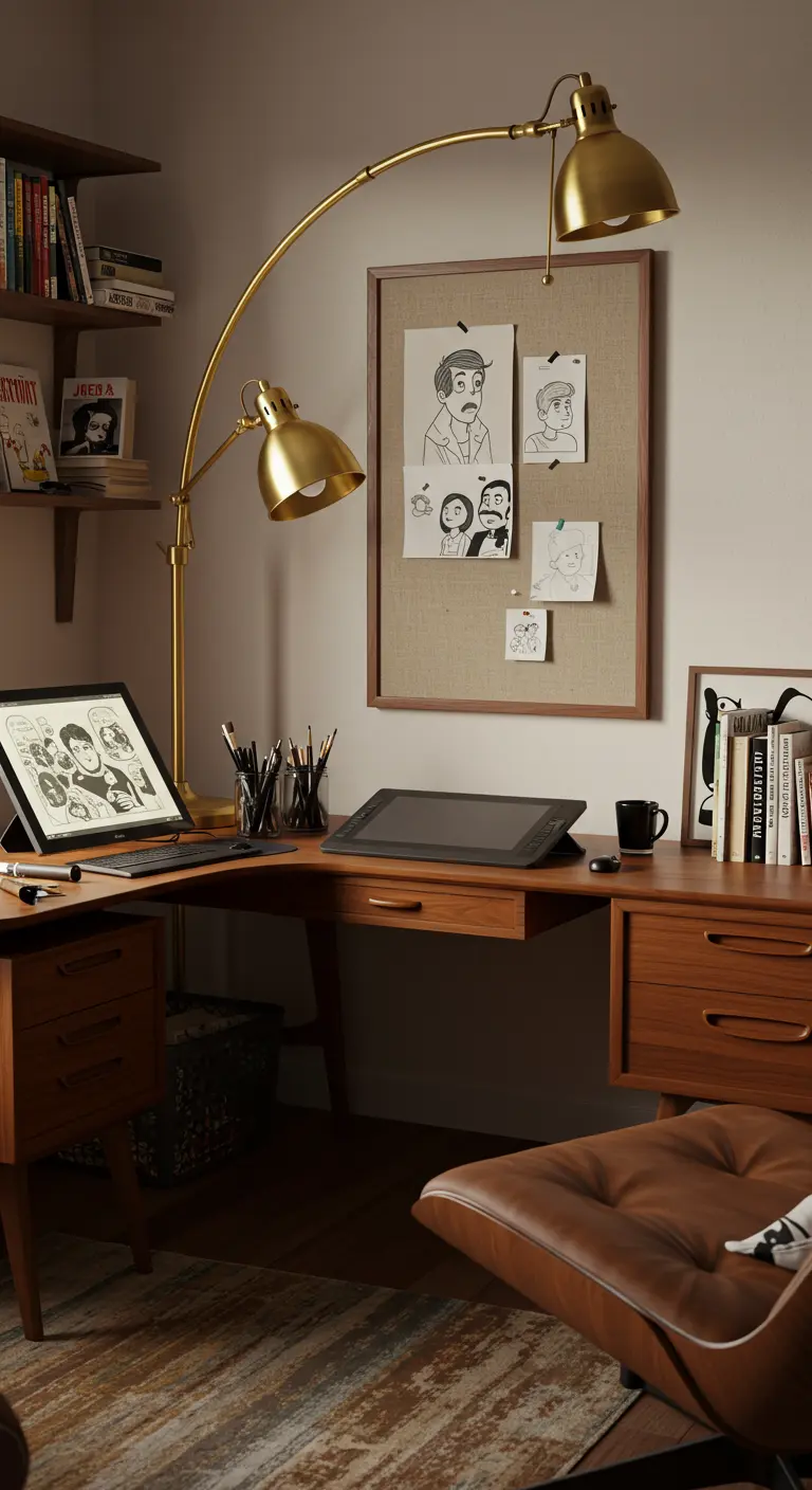 Bureau d'illustrateur avec mobilier en bois mid-century et lampe dorée.
