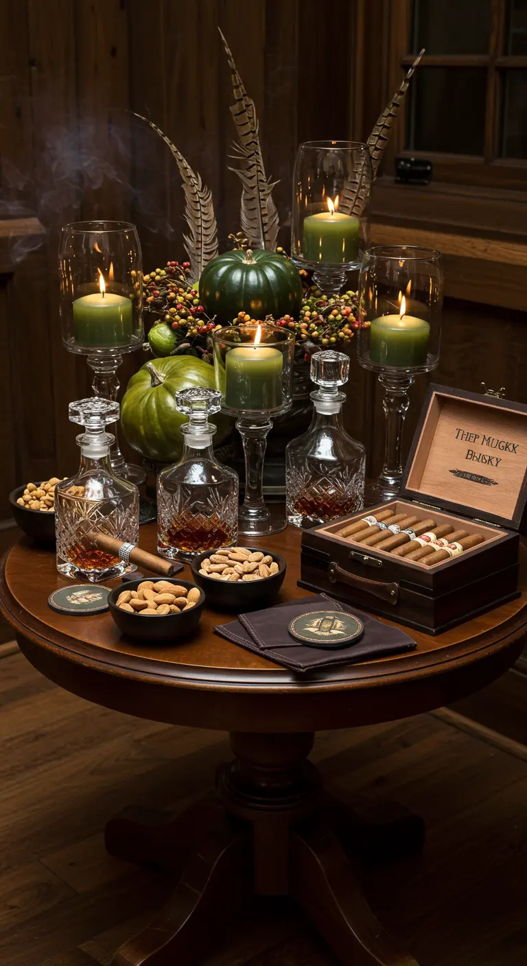 Coin bar avec whisky, cigares, et une décoration automnale sombre avec citrouilles vertes.