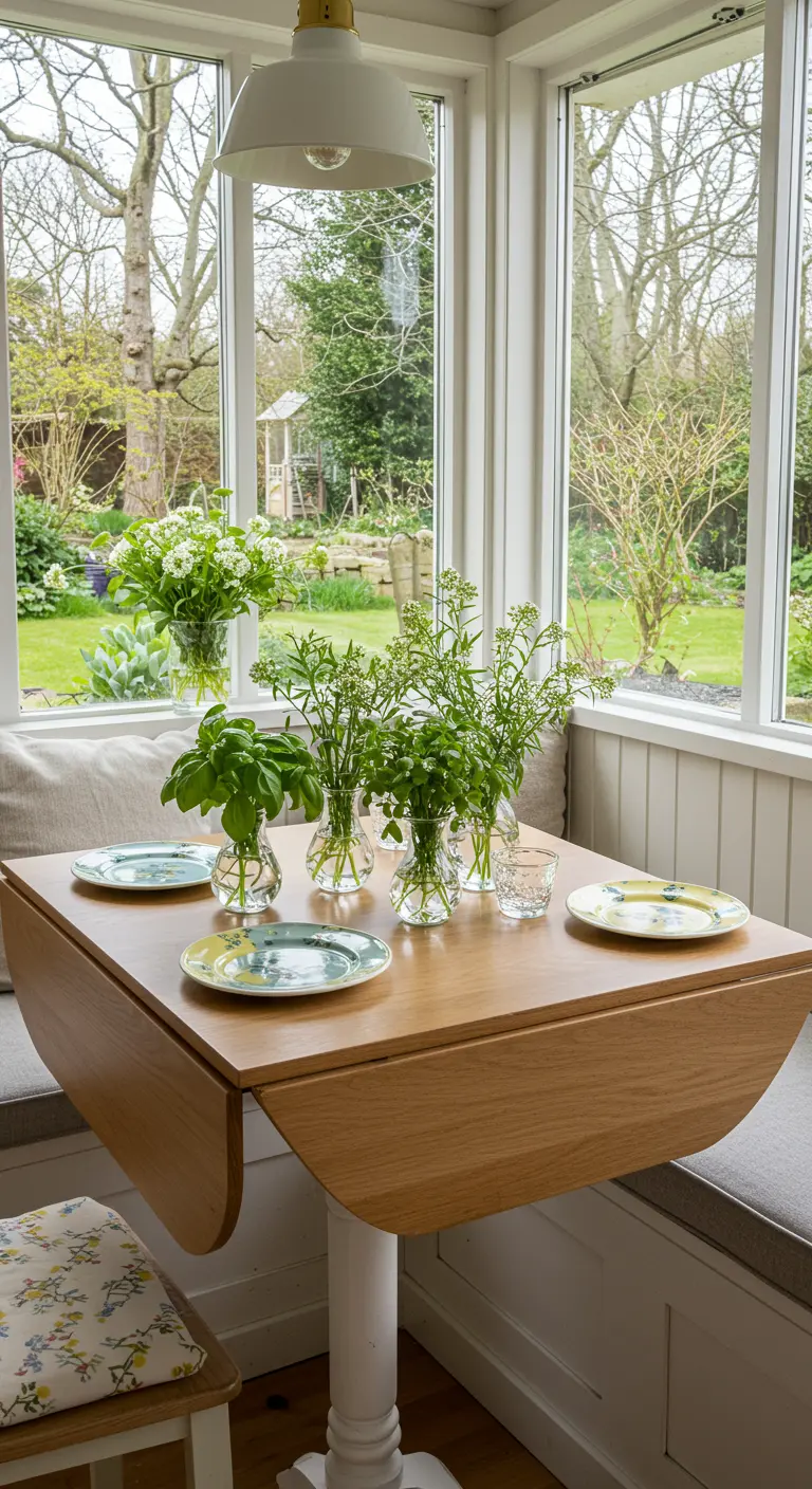Table rabattable en bois dans un coin repas lumineux avec des vases de basilic frais.