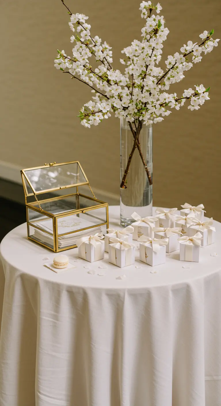 Table blanche avec une urne en verre et laiton, des cadeaux d'invités et un vase de fleurs blanches.
