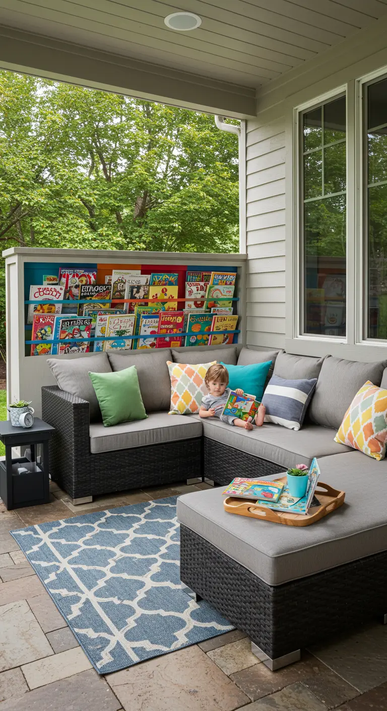 Bibliothèque colorée pour enfants sur une terrasse familiale.