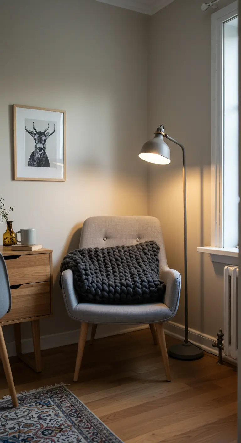 Fauteuil gris confortable avec un plaid en grosse maille dans un coin de bureau