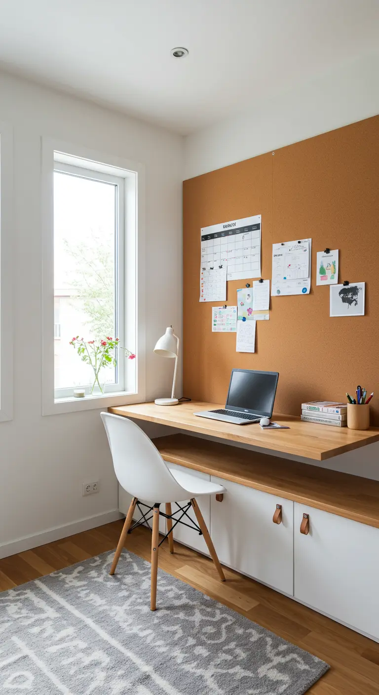 Bureau d'angle avec un grand mur en liège pour afficher des notes et des dessins.
