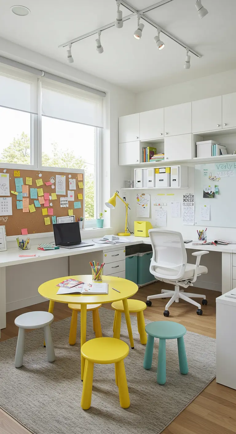 Espace devoirs lumineux avec tableau d'affichage, bureaux blancs et mobilier enfant coloré