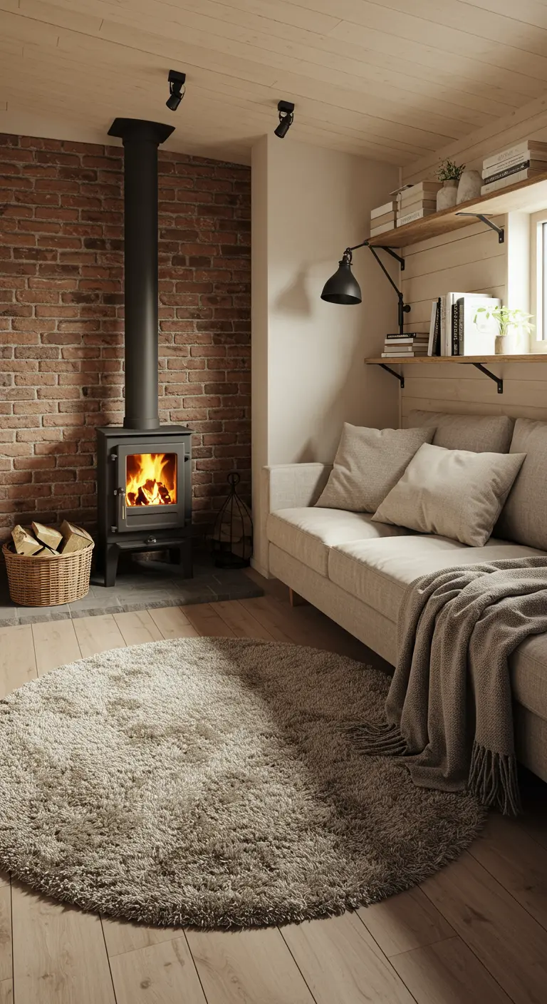 Petit salon cosy avec poêle à bois, mur de briques et tapis rond.