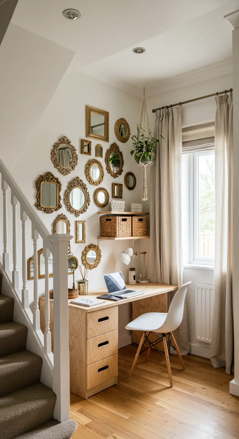 Bureau sous un escalier décoré d'un mur de petits miroirs vintage dorés.