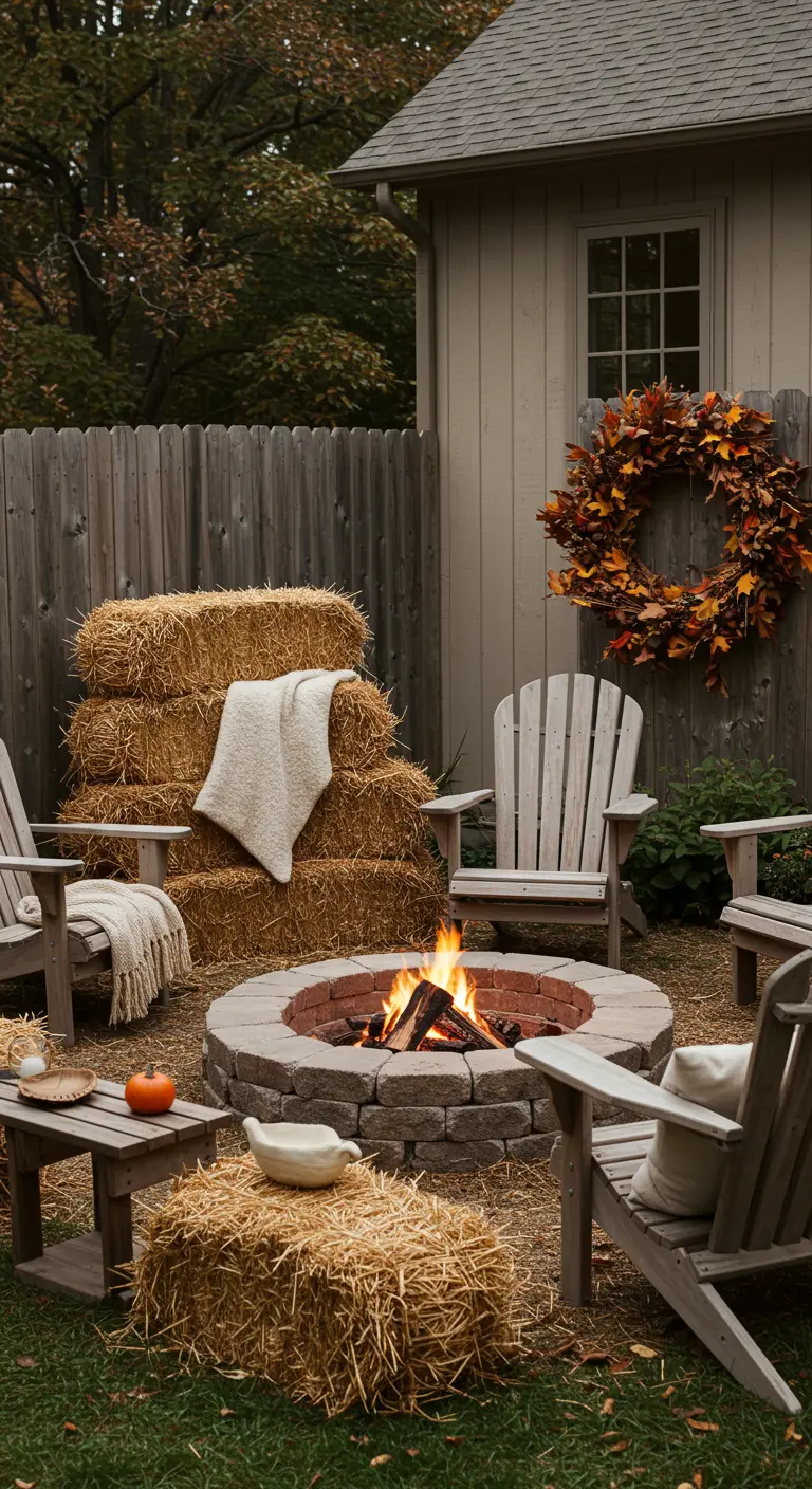 Foyer extérieur avec chaises Adirondack, bottes de paille empilées, plaids et une couronne de feuilles d'automne sur la clôture.