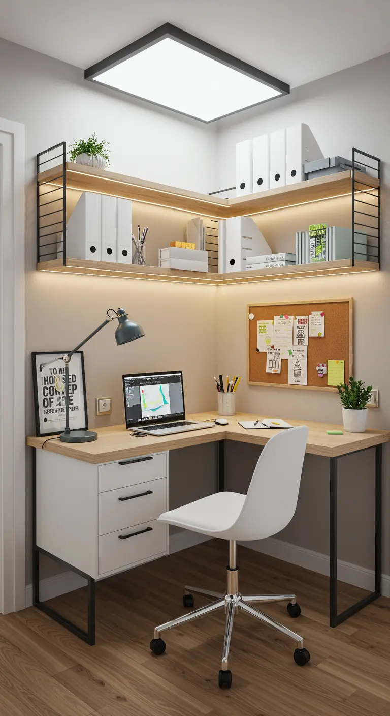 Bureau d'angle moderne et fonctionnel avec étagères flottantes, tableau en liège et éclairage intégré.